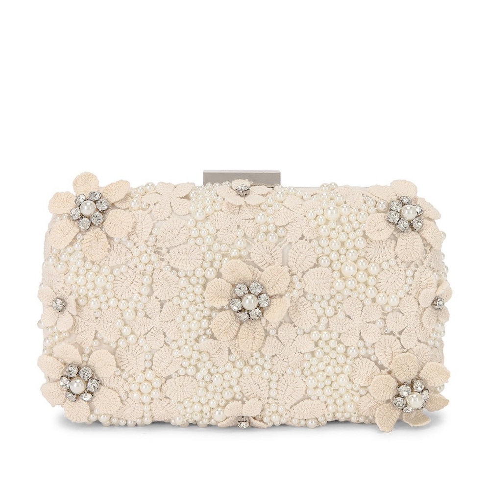 Olga Berg Beaded Floral Lace Clutch in Ivory